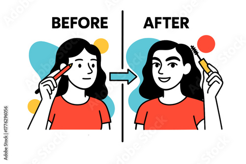Eyebrow Transformation Illustration. Eyebrow pencil and gel ? Before & after. Split panel shows sparse vs. defined; arrows glide from pencil to gel wand. Label