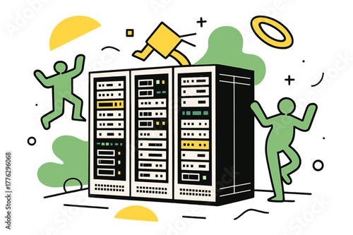 Futuristic Data Center. Server Rack. Wide view of server racks in data center with floating abstract geometric shapes and LED highlights, organized and