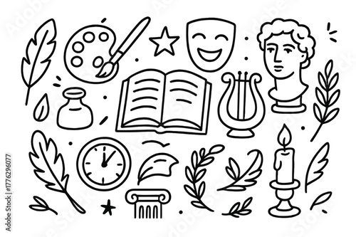 Artistic Literature Symbols. Artistic influences in literature and poetry. Hand-drawn doodle illustration Artistic influences in literature and poetry quill,