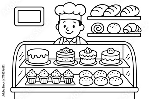 Bakery Coloring Page. Bakery display case children?s coloring book illustration, outlined drawing, a friendly bakery counter with fluffy cakes, cupcakes, and