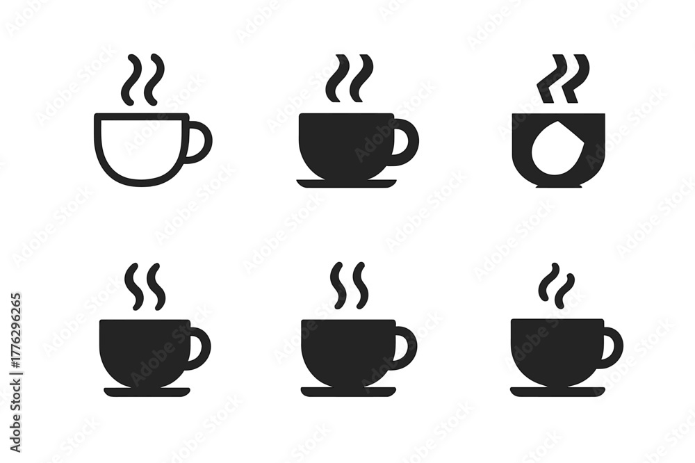 Obraz premium Morning Coffee Logos. Morning routine. Set Logo of Morning routine: steaming coffee mug. Icon set. harmonious logo variations of the same emblematic concept,