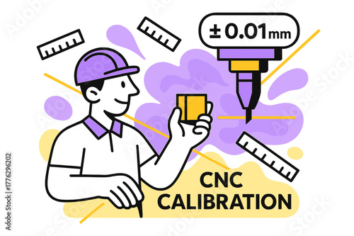 CNC Precision Mastery. CNC Calibration. Operator holding a gauge block while a router head glows ??.01mm?. Floating rulers and laser lines emphasize precision.