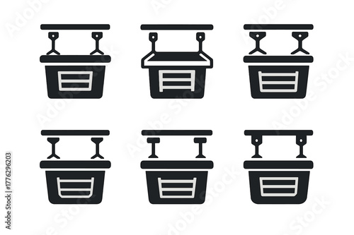 Garage Storage Icon Set. Using overhead storage racks in the garage. Set Logo of Using overhead storage racks in the garage: heavy-duty mounting bolts and