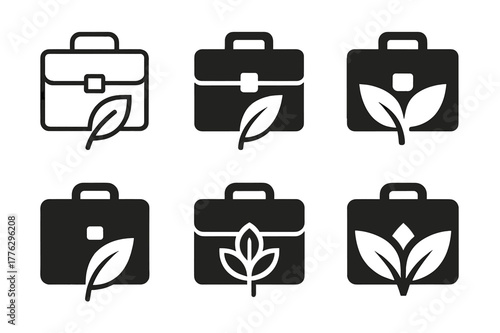 Sustainable Careers Logos. Sustainable and ethical careers. Icon set. Set Logo of sustainable and ethical careers: leaf-integrated briefcase. harmonious logo