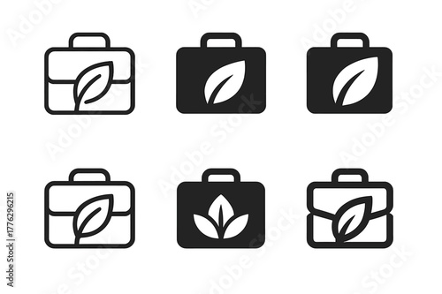 Sustainable Careers Logos. Sustainable and ethical careers. Icon set. Set Logo of sustainable and ethical careers: leaf-integrated briefcase. harmonious logo