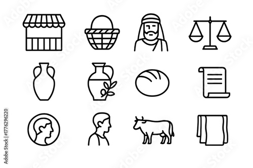 Ancient Marketplace Icons. Ancient marketplaces. Line icon set of ancient marketplaces: market stall, basket, merchant, scales, amphora, olive oil jar, bread
