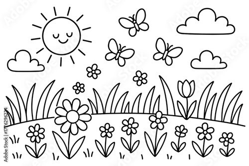 Meadow Coloring Fun. Sunny meadow children?s coloring book illustration, outlined drawing, open field with butterflies, flowers, and tall grass, educational