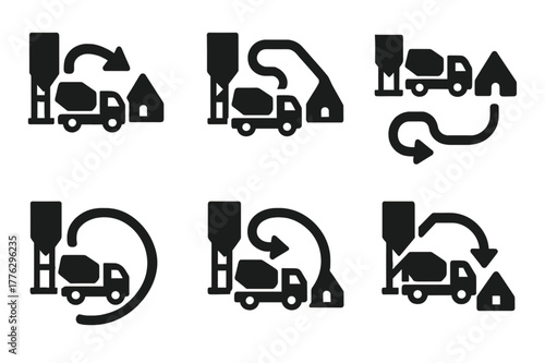 Concrete Truck Delivery. Concrete truck drivers delivering materials to sites. Set Logo of batch plant to site route icon: Symmetrical form, Abstract