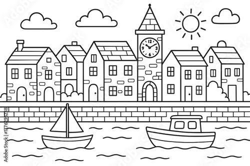 Charming Riverfront Coloring. Old town riverfront children?s coloring book illustration, outlined drawing, charming stone buildings along a river embankment