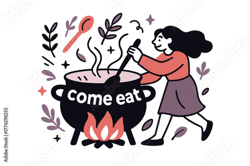 Hearth's Welcoming Feast. Keeper of the Hearth ? Gathering Bowl. A heavy pot steams over low flame; herbs and ladle orbit in a gentle circle. Text ?come eat?