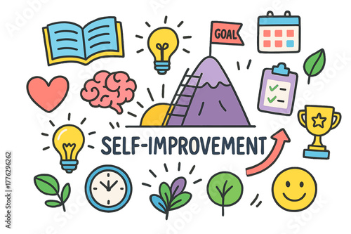 Climbing to Success. Self-Improvement. Colorful Hand-drawn doodle Children illustration Self-Improvement mountain peak, ladder, goal flag, heart, book, brain,