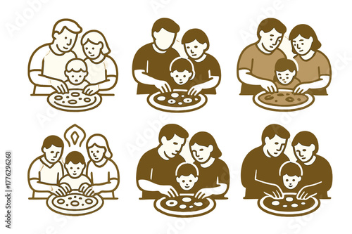Family Pizza Logos. Cooking together as a family. Set Logo of cooking together as a family: pizza being topped together. Icon set. harmonious logo variations