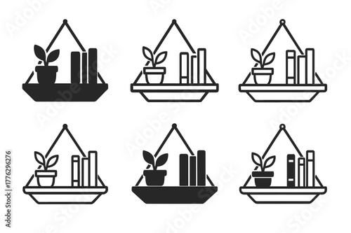 DIY Decor Logos. DIY home decor projects and tutorials. Set Logo of hanging shelf: wall shelf with plants and books. Icon set. harmonious logo variations of