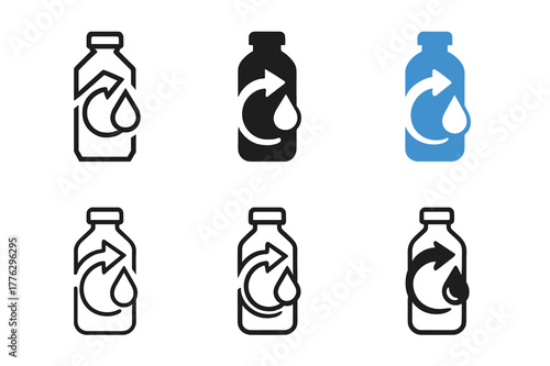 Water Bottle Refill Logos. Refilling a water bottle. Set Logo of Refilling a water bottle: refill symbol with arrow and droplet. Icon set. harmonious logo