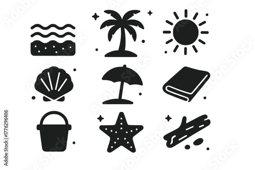 Quiet Shore Icons. Quiet Shore. Solid icons set of Quiet Shore: sand, ocean waves, palm tree, sun, seashell, beach umbrella, towel, bucket, starfish,