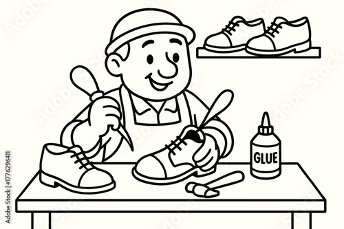 Friendly Cobbler Coloring. Shoe maker children?s coloring book illustration, outlined drawing, friendly