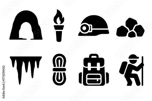 Cave Exploration Icons. Cave exploration. Filled icon set of cave exploration: cave entrance, torchlight,