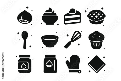 Chestnut Baking Icons. Chestnut Food and Baking. Solid icons set of Chestnut Food and Baking: roasted nut, chestnut puree, cake slice, pie, spoon, mixing bowl,