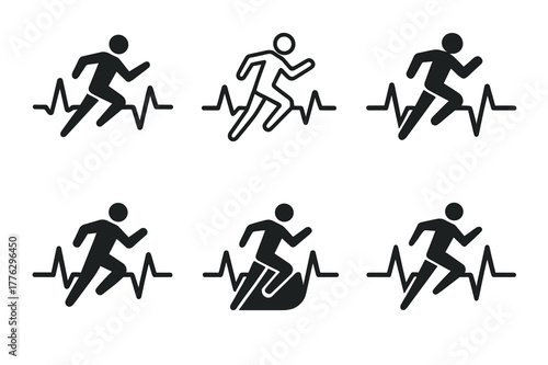 Exercise Logo Variations. The importance of exercise. Set Logo of the importance of exercise: heartbeat line with runner. Icon set. harmonious logo variations