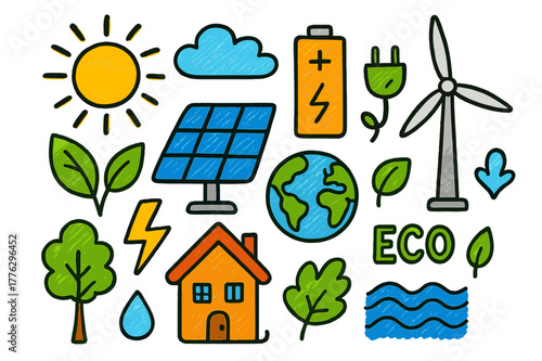 Eco Power Doodles. Solar and Wind Energy. Colorful Hand-drawn doodle Children illustration Solar and Wind Energy solar panel, wind turbine, sun, cloud,