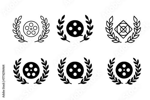 Film Festival Logos. film festivals. Set Logo of film festivals: laurel wreath encircling a film reel. Icon set. harmonious logo variations of the same