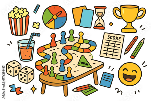 Colorful Board Game Fun. Board game fun. Colorful Hand-drawn doodle Children illustration Board game fun dice, spinner, cards, pawns, game board, timer,