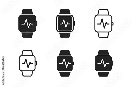 Healthcare App Logos. Healthcare mobile app. Set Logo of Healthcare mobile app: smartwatch band with ECG line. Icon set. harmonious logo variations of the same
