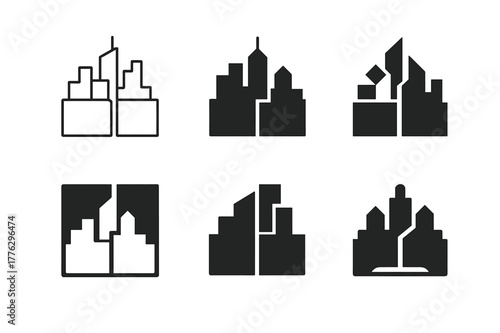 Urban Design Solutions. Barriers and solutions in urban design. Set Logo of Barriers and solutions in urban design: city skyline divided by a barrier wall.