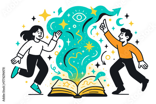 Magical Spellbook Illustration. Enchantments. A glowing spellbook open with magical runes and swirling energy,