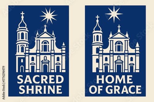 Sacred Shrine Art. Basilica of Loreto. Two vertical A6 banners with safe margins, centered composition, no elements touching edges, bold, cobalt and cream,