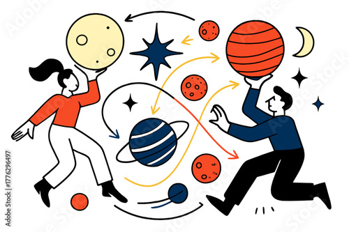 Cosmic Harmony. Cosmic balance. Planets, stars, and moons in equilibrium with glowing vectors illustrating the