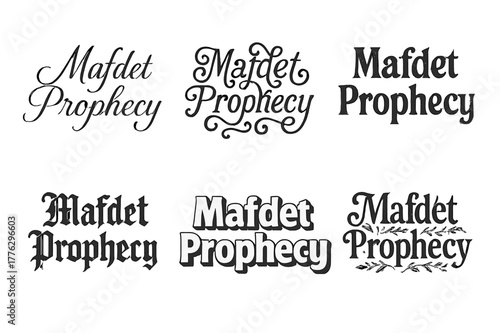 Harmonious Lettering Variations. Mafdet Prophecy. Set lettering. harmonious lettering variations of the same emblematic concept, each with different artistic