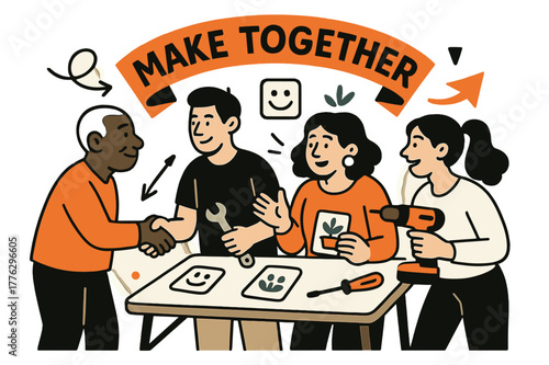 Community Tool Sharing. Relational aesthetics (social practice). Neighbors share tools and stories around a pop-up table; ?Make together? banner curves. Data