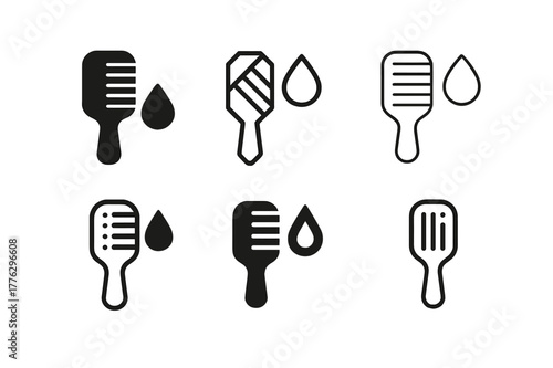 Hair Mask Logos. Hair treatment mask. Set Logo of hair treatment mask: hairbrush and drop symbol. Icon set. harmonious logo variations of the same emblematic