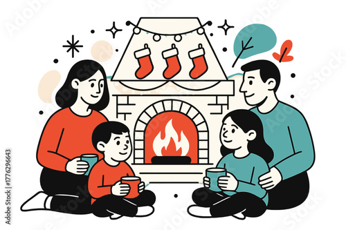 Cozy Fireplace Gathering. Fireplace gathering. Family members sitting by a lit fireplace, holding mugs of