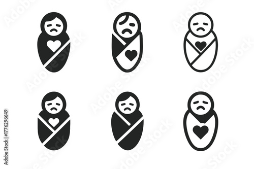 New Parent Logo Variants. new parent anxiety. Set Logo of new parent anxiety: Swaddle wrap with heart. Icon set. harmonious logo variations of the same