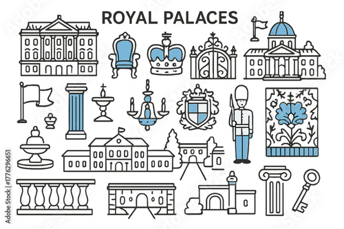 Regal Palace Doodle. Royal palaces. Hand-drawn doodle illustration royal palaces [grand facade (accented), throne, crown (accented), ornate gate, palace dome