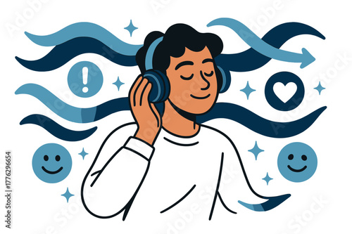 Harmonious Focus. Navigating stress. Person listening to music with headphones, surrounded by abstract floating waves, icons, and sparkles; conveys calm,