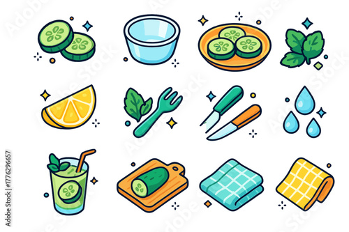 Cucumber Refreshment Icons. Refreshing cucumber. Colorful isometric vector icons set of refreshing cucumber: cucumber slices, ice cubes, glass bowl, serving