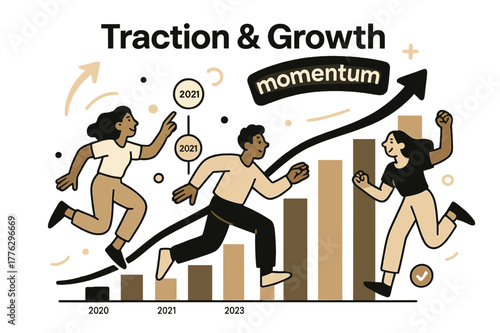 Dynamic Growth Visualization. Pitch Deck ? Traction & Growth. Bars and curves soar upward; milestone icons pulse at key dates. Label ?momentum.? glows at peak.