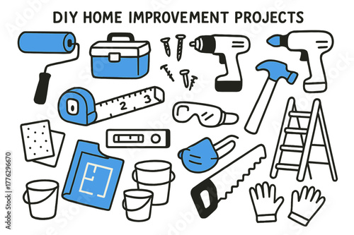 DIY Tool Essentials. // DIY home improvement projects. Hand-drawn doodle illustration DIY home improvement projects [paint roller (accented), toolbox