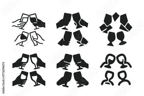 Diverse Logo Variations. Friends gathering. Set Logo of friends gathering: clinking glasses in a circle. Icon set. harmonious logo variations of the same