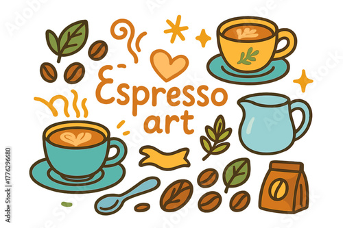 Vibrant Espresso Art. Espresso art. Hand-drawn doodle illustration of espresso art. Espresso cup, heart foam,