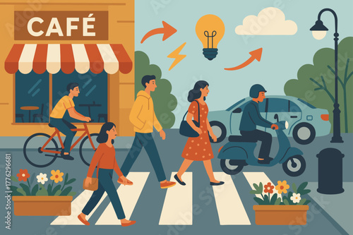 Bustling City Crosswalk. pedestrians, crosswalk, flower planters, cafe, bicycle, car, scooter, streetlamp,