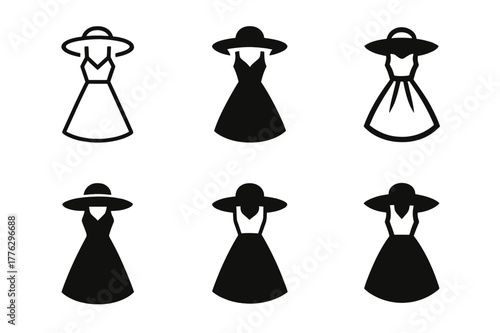 Womenswear Fashion Logos. Womenswear fashion. Icon set. Set Logo of Womenswear fashion: summer sundress with wide-brim hat. harmonious logo variations of the