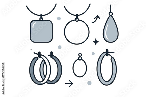 Elegant Floating Jewelry. Minimal jewelry collection. Floating pendants and hoops arranged in perfect symmetry. Calm elegance and timeless design. Modern flat