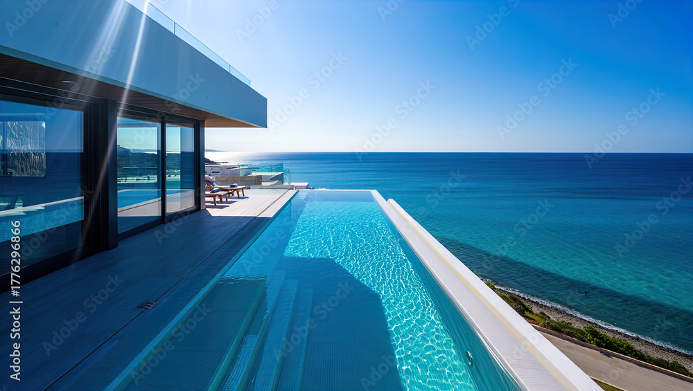 Fototapeta premium A luxurious villa with a pool overlooking a stunning seascape, bathed in rays of bright sunlight.