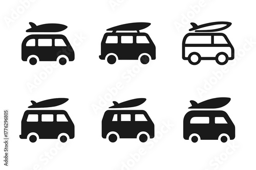 Vacation Logo Variations. Holiday travel and vacation. Set Logo of Holiday travel and vacation: road trip van with surfboard. Icon set. harmonious logo