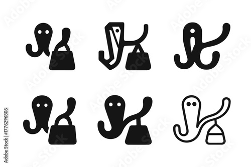 Dual-Purpose Hook Icons. Adding hooks or racks for bags, hats, or coats. Set Logo of Adding hooks or racks for bags, hats, or coats: dual-purpose double hook