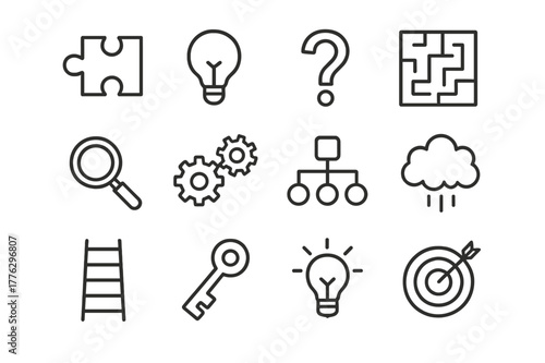 Problem Solving Icons. Problem solving. Line outline icon set of critical and creative thinking: puzzle piece,